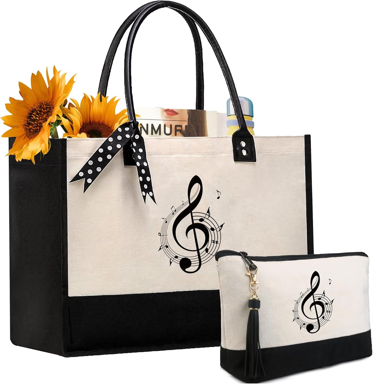 BeeGreen Personalized Music Gift Bag for Women Friends Sisters Christmas Birthday, Top-Leather-Handle Handbags Canvas Tote Bag for Musicians Music Lover Mom Grandma Teachers Gifts