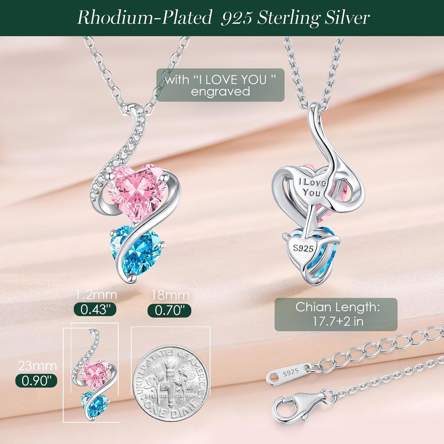 LOUISA SECRET Unique Double Heart Necklace Gifts for Wife Women, 925 Sterling Silver Tiny Birthstone Pendant Jewelry Gift for Her Girlfriend Mom Valentine's Day Anniversary Mother's Day Birthdays & Christmas