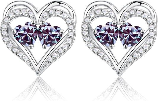 Iefil Birthstone Earrings for Women - 925 Sterling Silver Heart Earrings Anniversary Birthday Gifts for Women Wife Girlfriend Mom