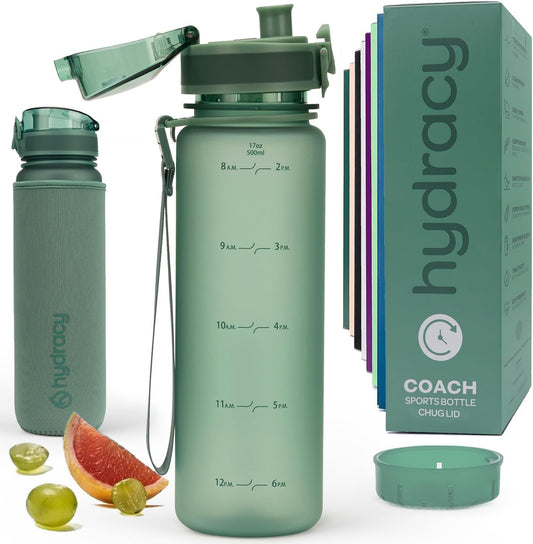 Hydracy Water Bottle with Time Marker -Large BPA Free Water Bottle & No Sweat Sleeve -Leak Proof Gym Bottle with Fruit Infuser Strainer & Times to Drink -Ideal for Fitness Sports & Outdoors