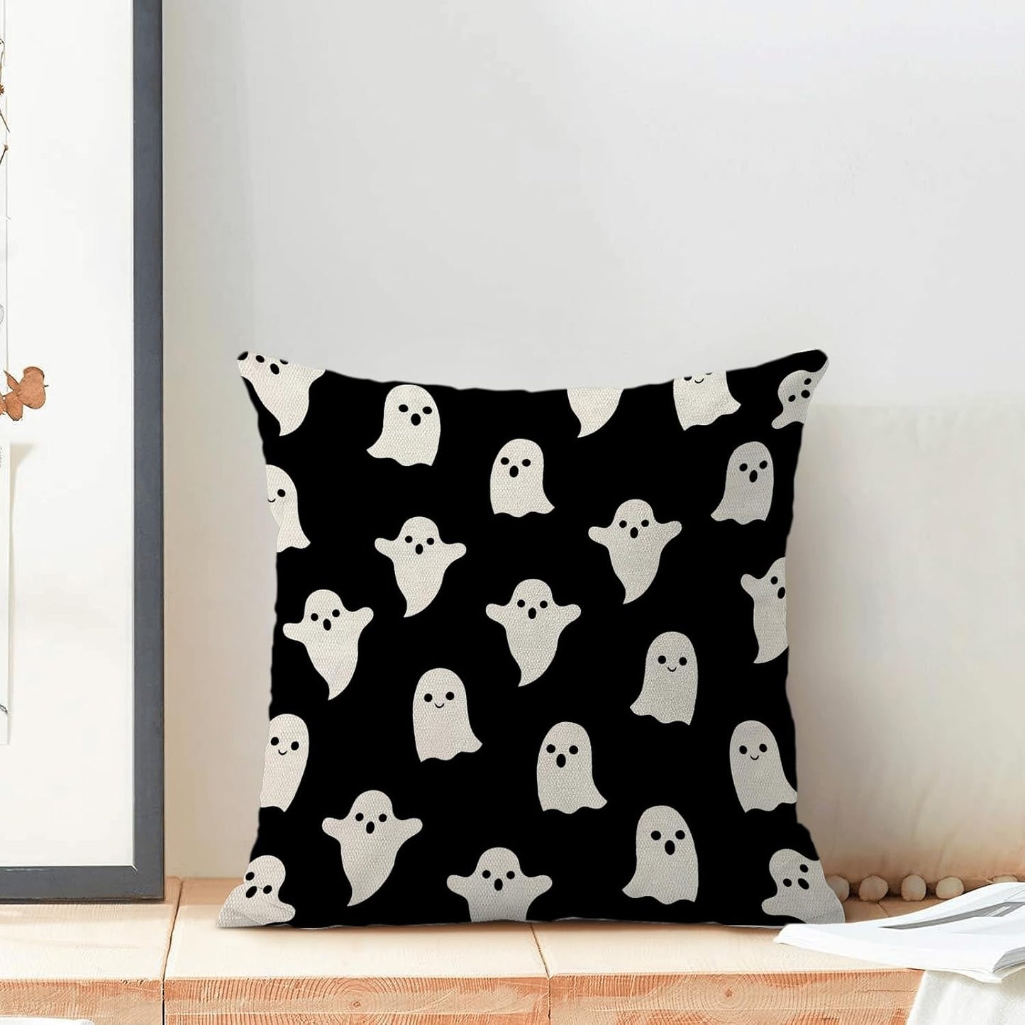 Halloween Decor 24x24 Set Of 2 Black Cute Ghost Throw Pillow Covers - Decorative Linen Cushion Case For Home Sofa & Outdoor Decor