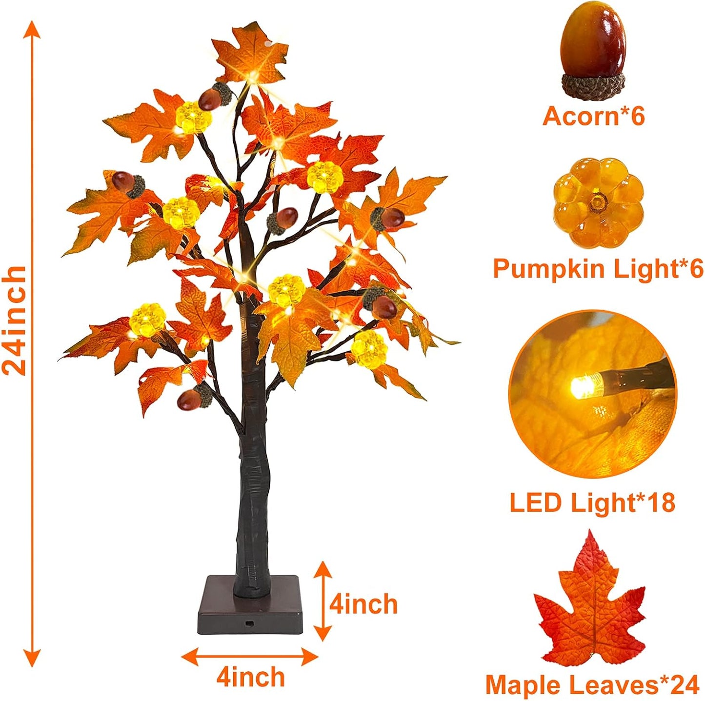 TURNMEON Fall Decor 2 Pack 24 Inch Prelit Fall Maple Tree Thanksgiving Fall Decorations for Home with 48 LEDs Timer Battery Operated Pumpkin Lights 6 Acorn Tabletop Halloween Decorations Indoor Autumn