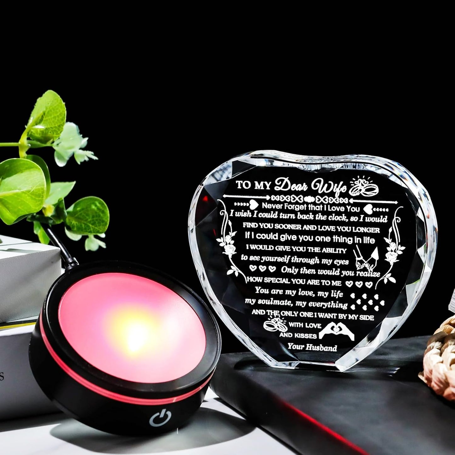 Gifts for Wife with Colorful LED Base Romantic Wife Anniversary Birthday Gift Ideas Crystal Heart to My Wife Gifts from Husband on Valentine's Day Christmas Mother's Day