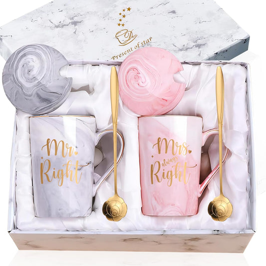 Wedding Gifts Engagement Newlyweds His Hers Bridal Shower Ideas Present for Bride Groom Parents Couples Mr Right and Mrs Always Right Valentines Christmas Coffee Mugs Set 14oz