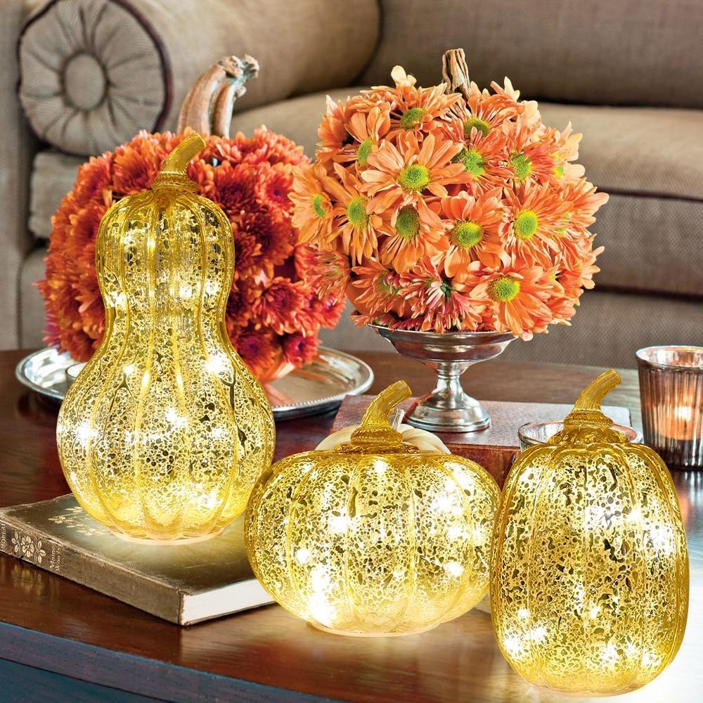 NEEDOMO Lighted Glass Pumpkin Decor, Set of 3 Gold Mercury Glass Pumpkins with Lights and Timer for Fall Thanksgiving Decorations, LED Collectible Figurines Fall Centerpiece for Tables Home