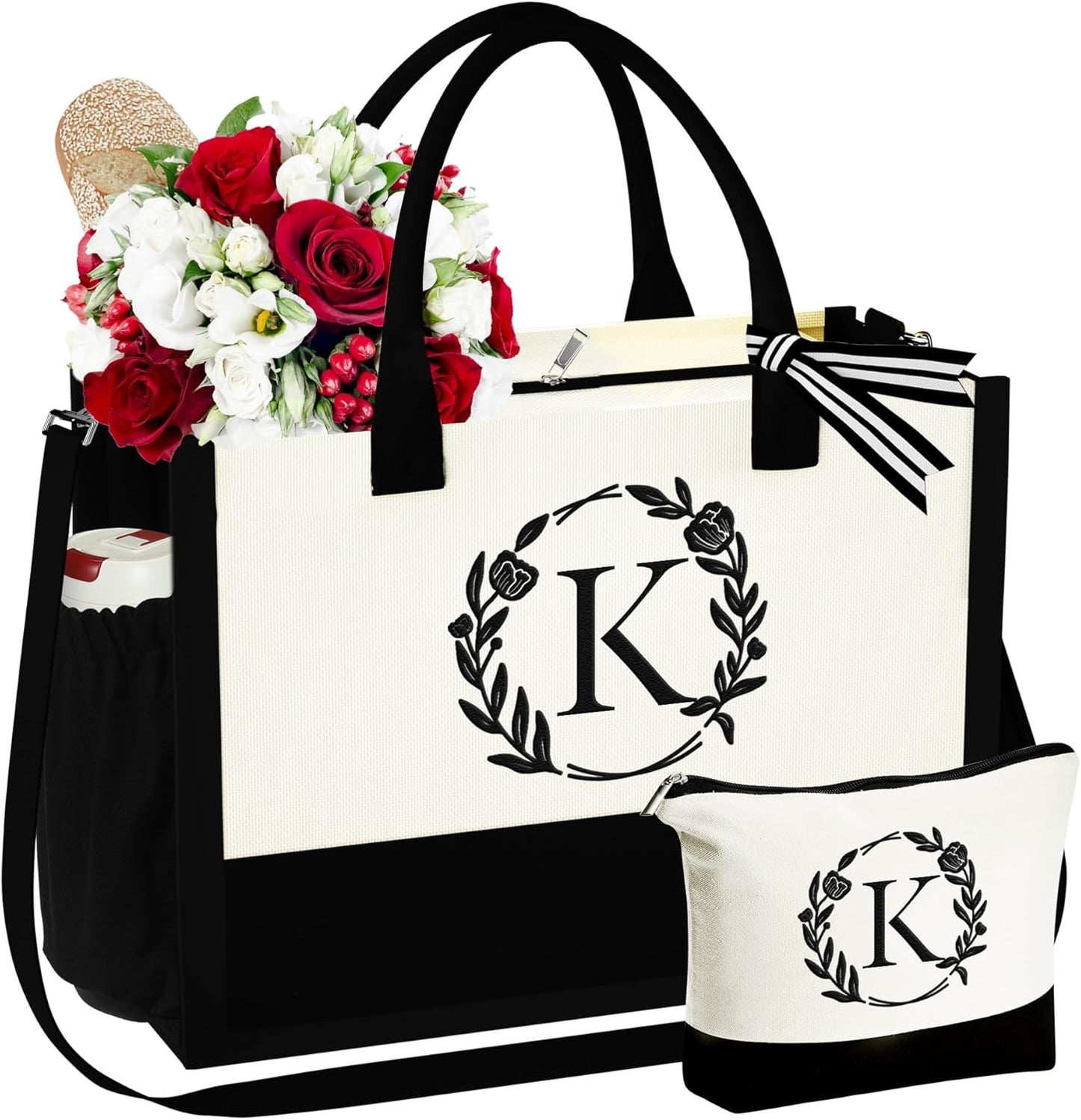 YOOLIFE Gifts for Women - Initial Canvas Tote Bag Makeup Bag, Personalized Gifts for Women Mom Wife Teacher Friend Birthday