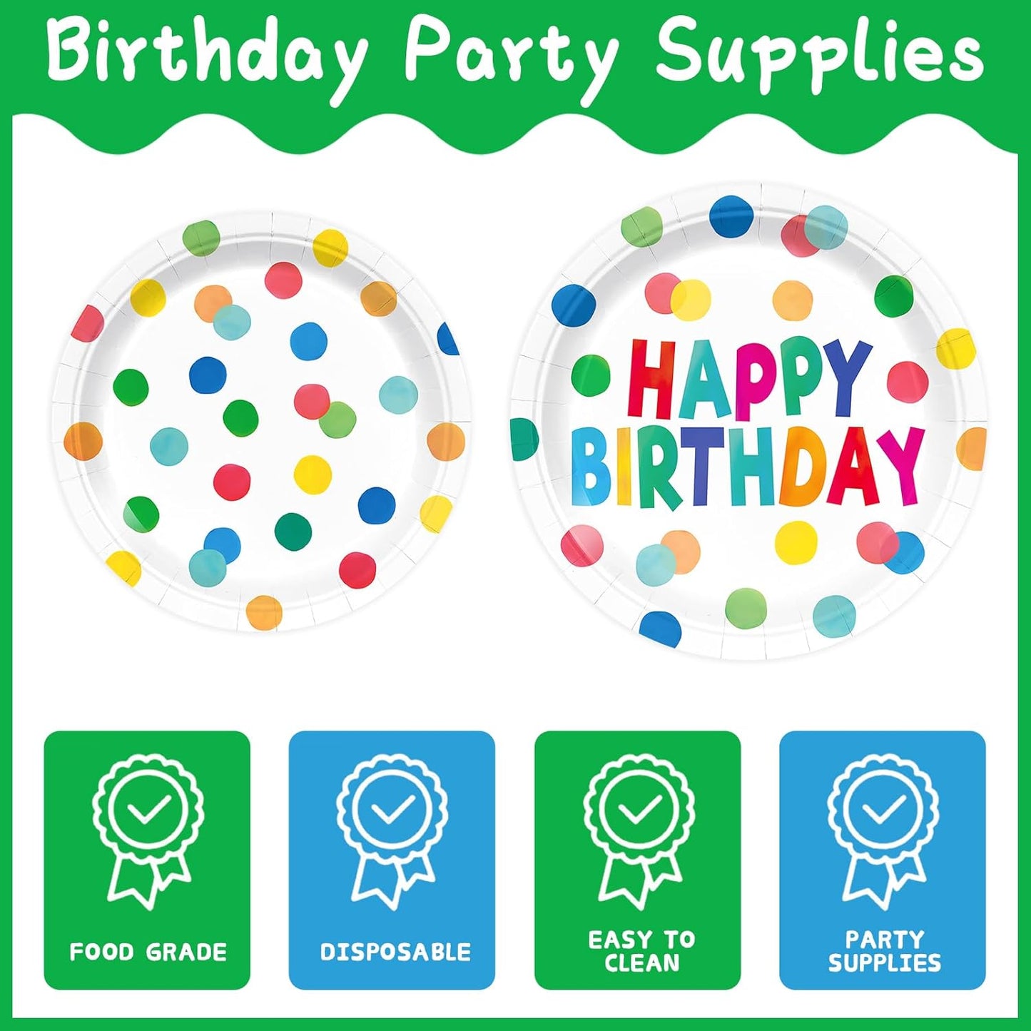 96pcs Happy Birthday Party Plates and Napkins Polka Dots Birthday Party Supplies Colorful Dots Paper Cup Party Supplies for Girls Boys Serve 24 Guests