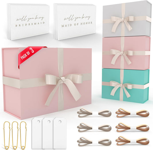 Gift Box Set - Bridesmaids Gifts for Wedding (3 Pack - Blush Pink), All Occasions, Bridesmaid Proposal, Magnetic Boxes With Lids, Big Set For Bridal, 13.5 x 9 x 4.5 inches, Pink GiftBox