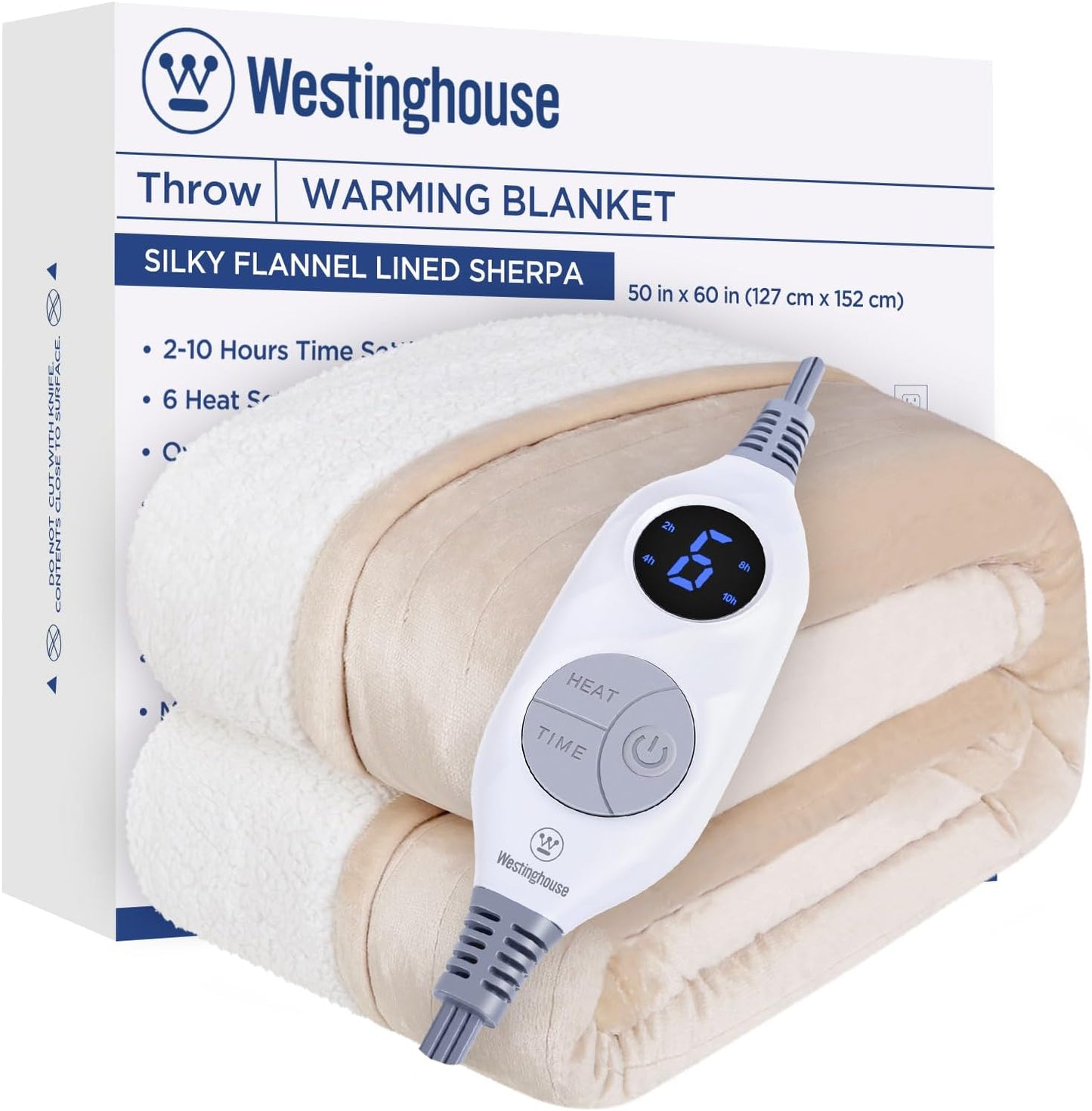 Westinghouse Heated Throw Blanket, Soft Flannel to Sherpa Electric Throw with 6 Heating Levels, 2-10 Hours Time Settings, Fast Heating, Machine Washable 50x60 Inch, Ivory