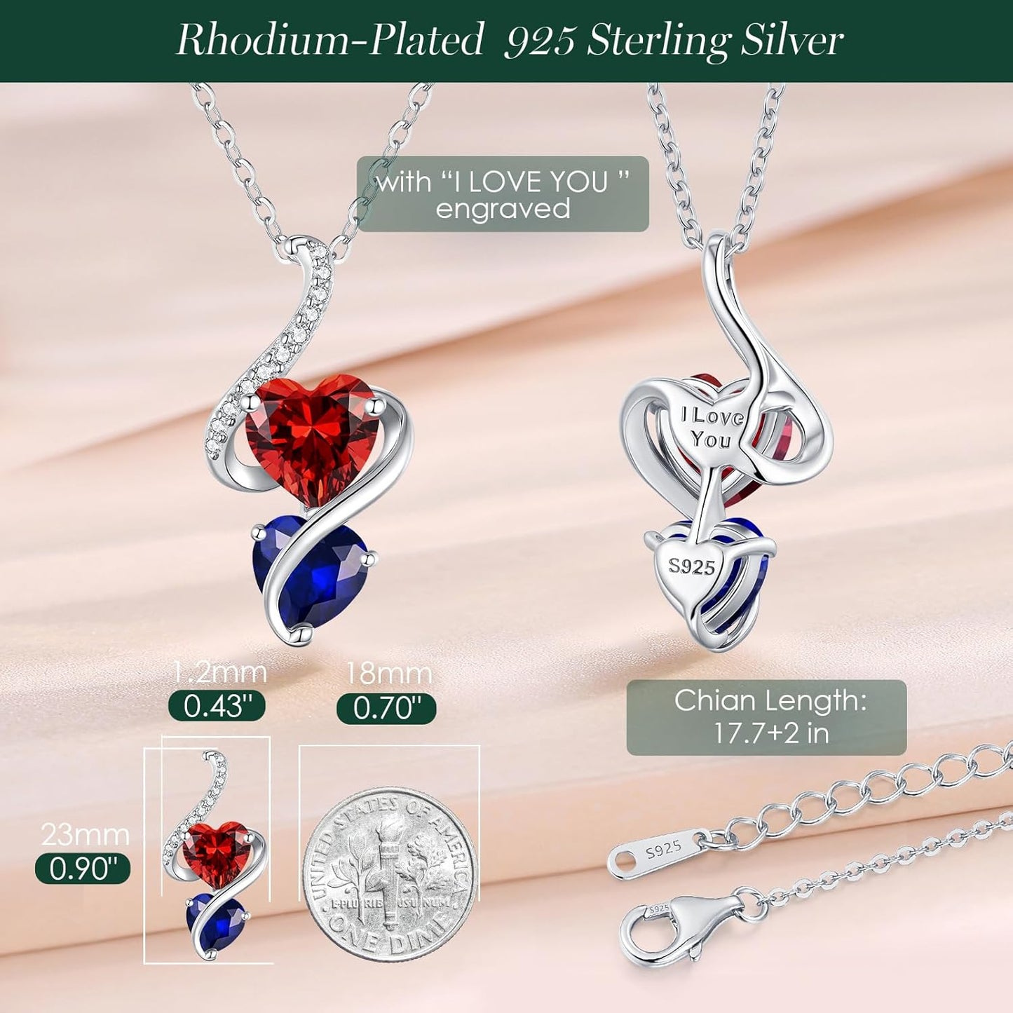 LOUISA SECRET Unique Double Heart Necklace Gifts for Wife Women, 925 Sterling Silver Tiny Birthstone Pendant Jewelry Gift for Her Girlfriend Mom Valentine's Day Anniversary Mother's Day Birthdays & Christmas