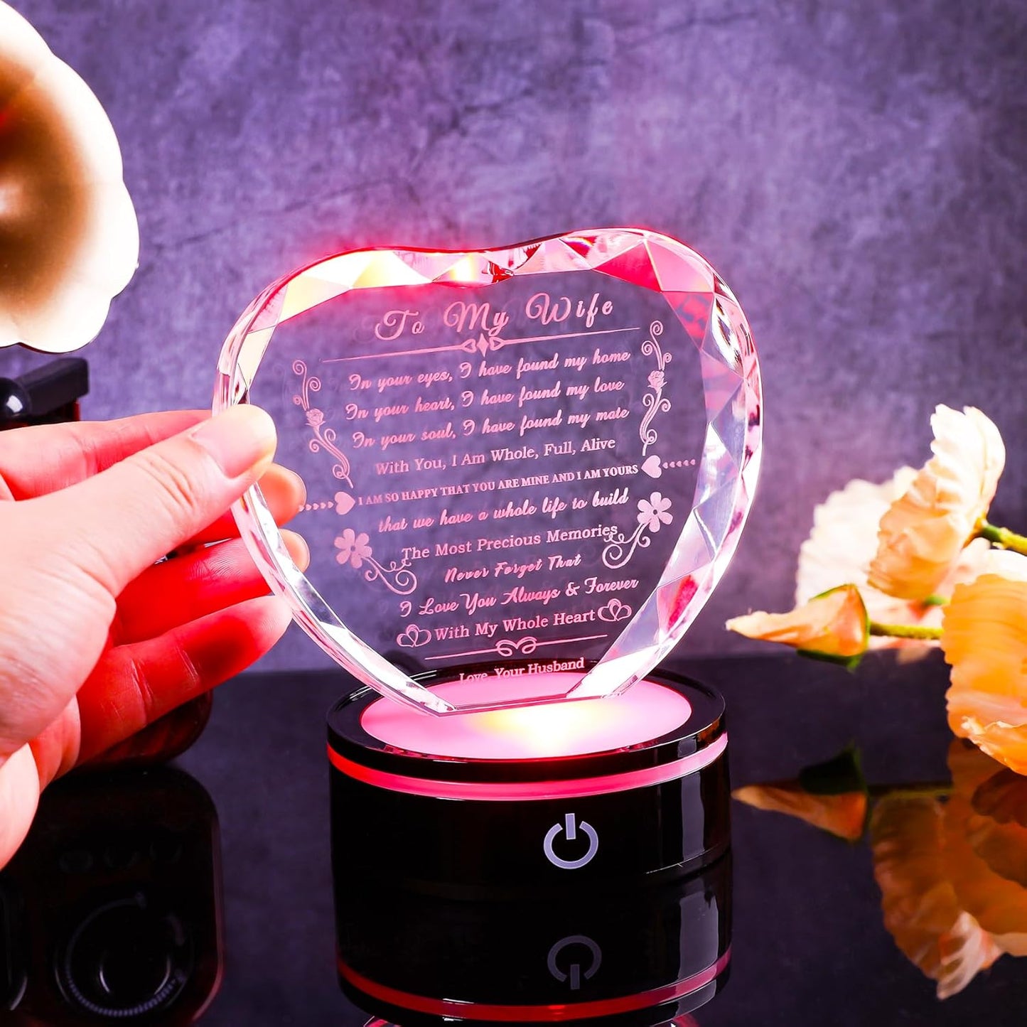 Wife Gifts with Colorful LED Base, Anniversary Birthday Gift Ideas for Wife, Romantic to My Wife Heart Crystal Gifts for Wife from Husband on Valentine's Day Christmas Mother's Day, Clear