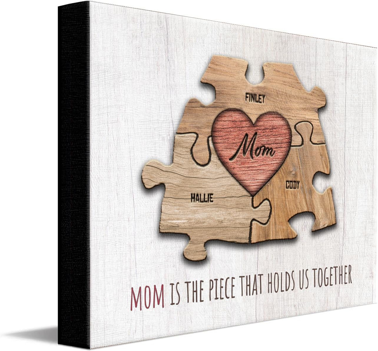 Personal-Prints MOM & Children Personalized HEART Puzzle Wall Art | Unique Customized with up to 8 Names | Mother’s Day, Birthday or Christmas Gift (16"x20" Stretched Canvas, 3 Children)