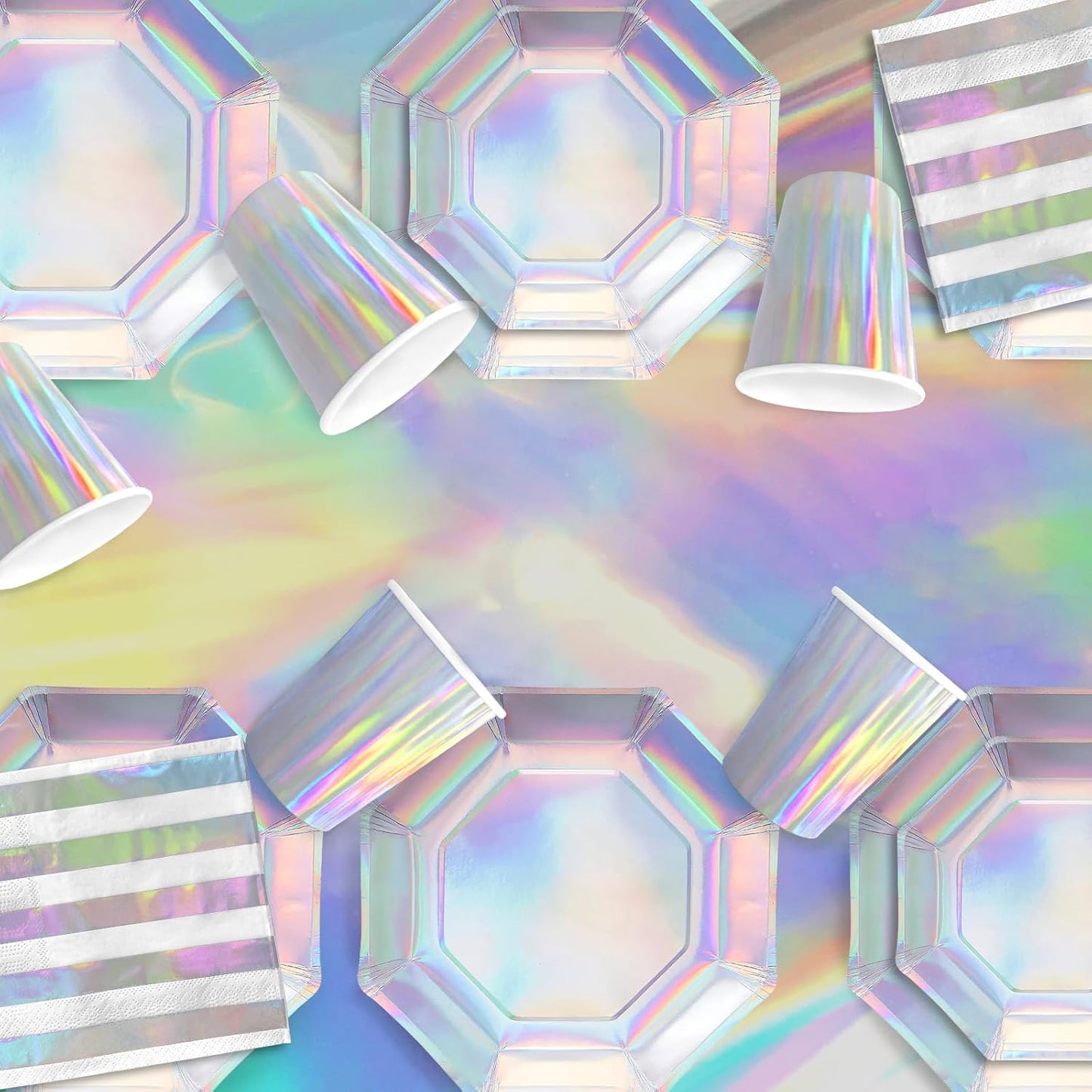 Iridescent Party Supplies - Disposable Paper Plates, Cups, Napkins, Tablecloth & Banner - Ideal for Mermaid Themed Events & Birthday or Wedding Party Decoration - Serves 25