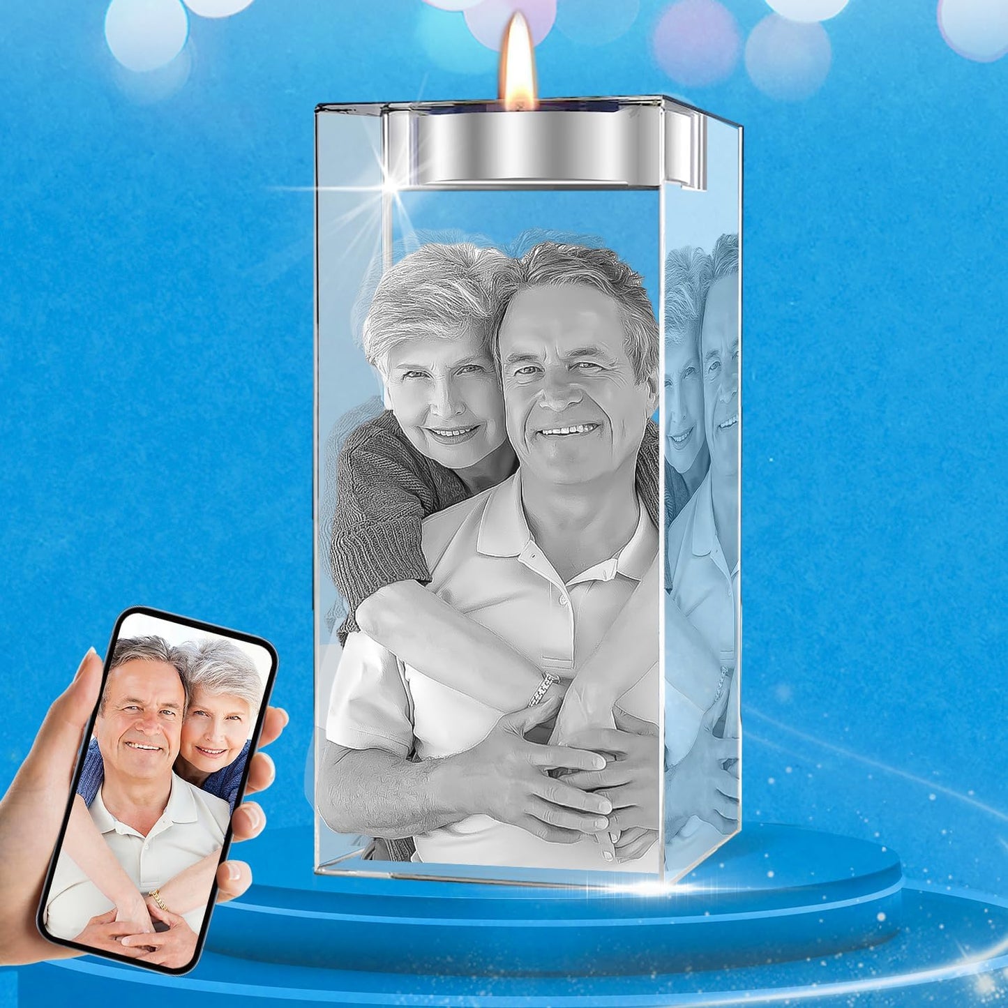 Personalized 3D Crystal Photo, Custom Laser Engraved Candle Holder Frame, Customized Memorial Anniversary Christmas Birthdays Gifts for Dad, Mom, Him, Her, Grandfather (Large)