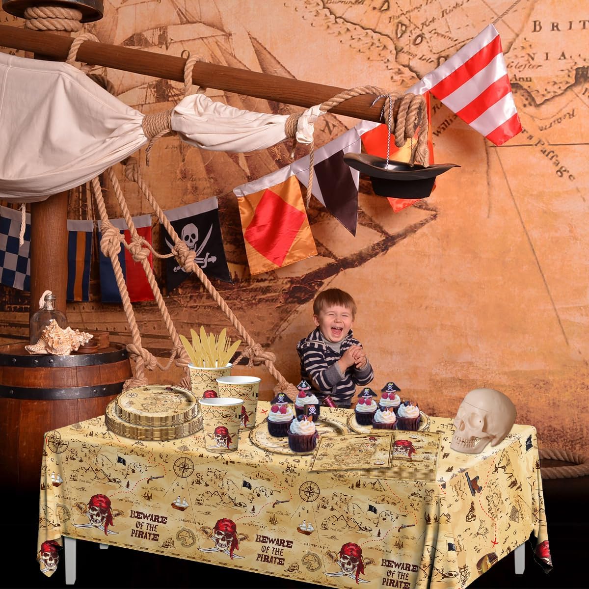 Pirate Party Supplies - 142Pieces Beware of the Pirate Theme Tableware Set Incluedes Pirate Plates,Tablecloth,Napkins Treasure Map Theme Decorations for Baby Shower Party,Adventure Party