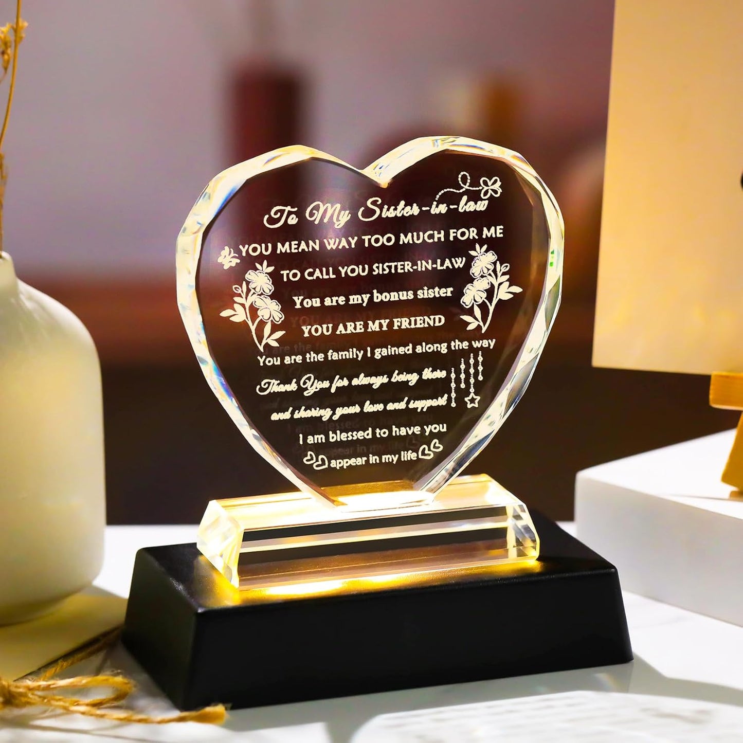 YWHL Best Sister in Law Gifts with Colorful LED Base Heart Crystal Keepsake Wedding Birthday Gifts for Sister in Law Unique Sister in Law Gifts Ideas for Christmas Mother's Day Thanksgiving