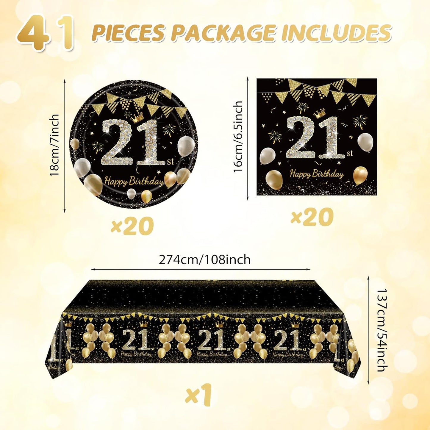 41Pcs 21st Birthday Decorations for Boy Girls, Black Gold 21 Year Old Happpy Birthday Girl Decorations include Plates Napkins Tablecloth for Official Teenager 21st Birth Party