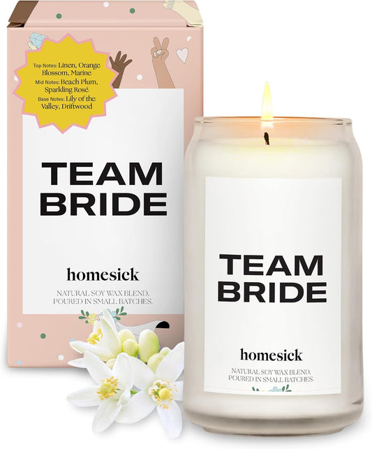 Homesick Scented Candles for Home (Team Bride) - 13.75 oz Long-Lasting Natural Soy Wax Blend Jar Candle Gifts for Women & Men, 60-80 Hours Burn Time - Notes of Linen, Beach Plum & Lily of The Valley