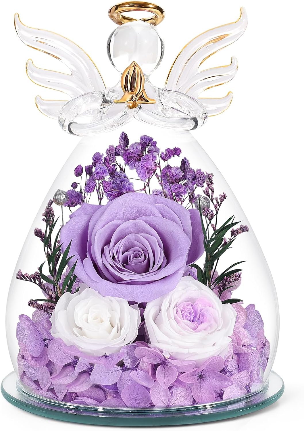FIACO Gifts for Women Preserved Rose Forever Flower in Glass Angel Figurines Fresh Flowers for Delivery Prime Mothers Day Birthday Gifts for Mom Real Roses for Grandma Sister Wife Her from Daughter