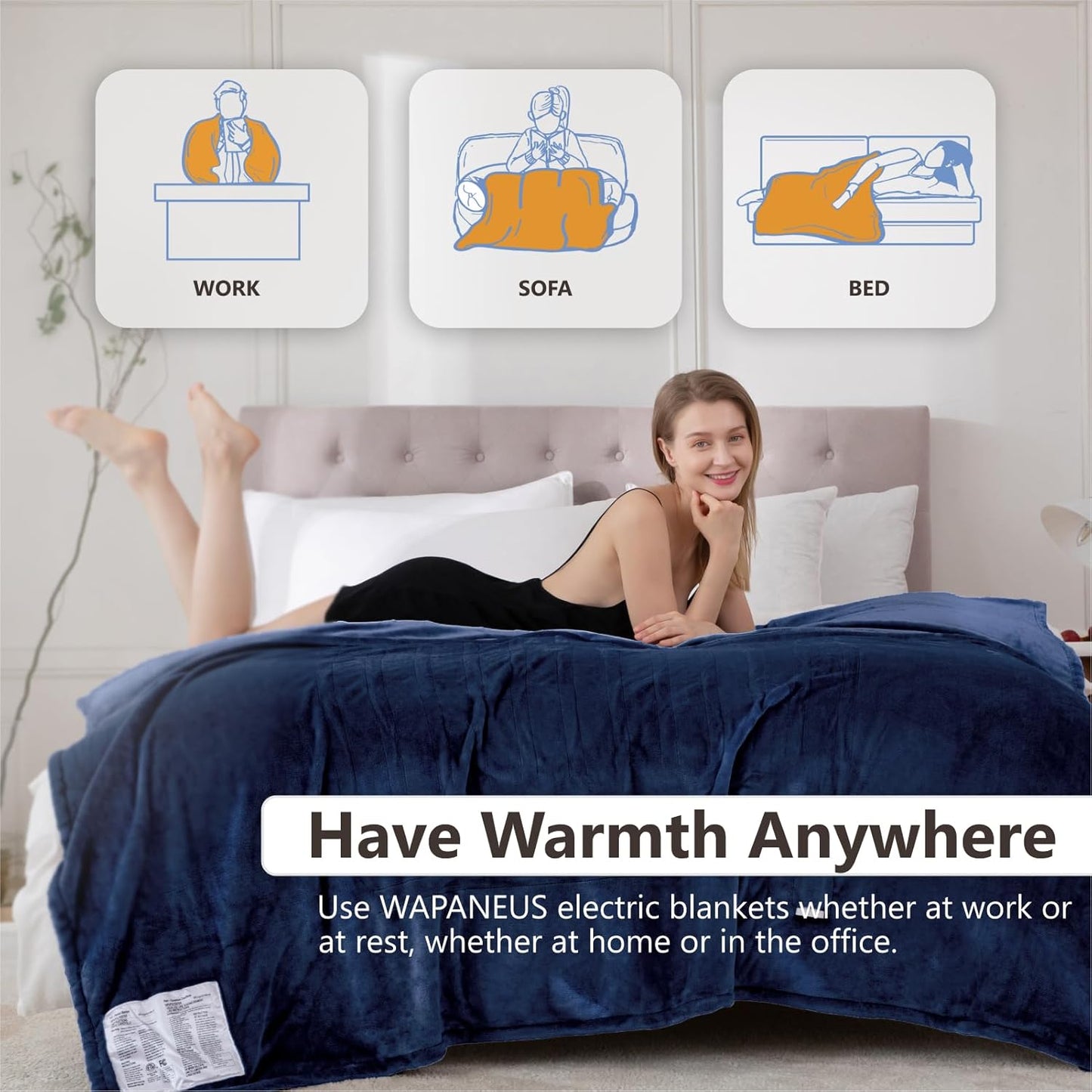 Wapaneus Heated Blanket Electric Blanket 62" x 84" Twin Size with 10 Heating Levels and 12 Hours time Settings, Flannel Fast-Heating Electric Blanket, ETL Listed, Machine Washable,Dark Blue