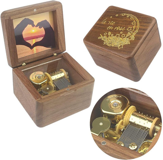 Sinzyo Natural Wooden Music Box with Customizable Photos Wind Up Musical Box Gifts for Christmas,Birthday and Valentine's Day(Character Walnut, Tone:La Vie en Rose)