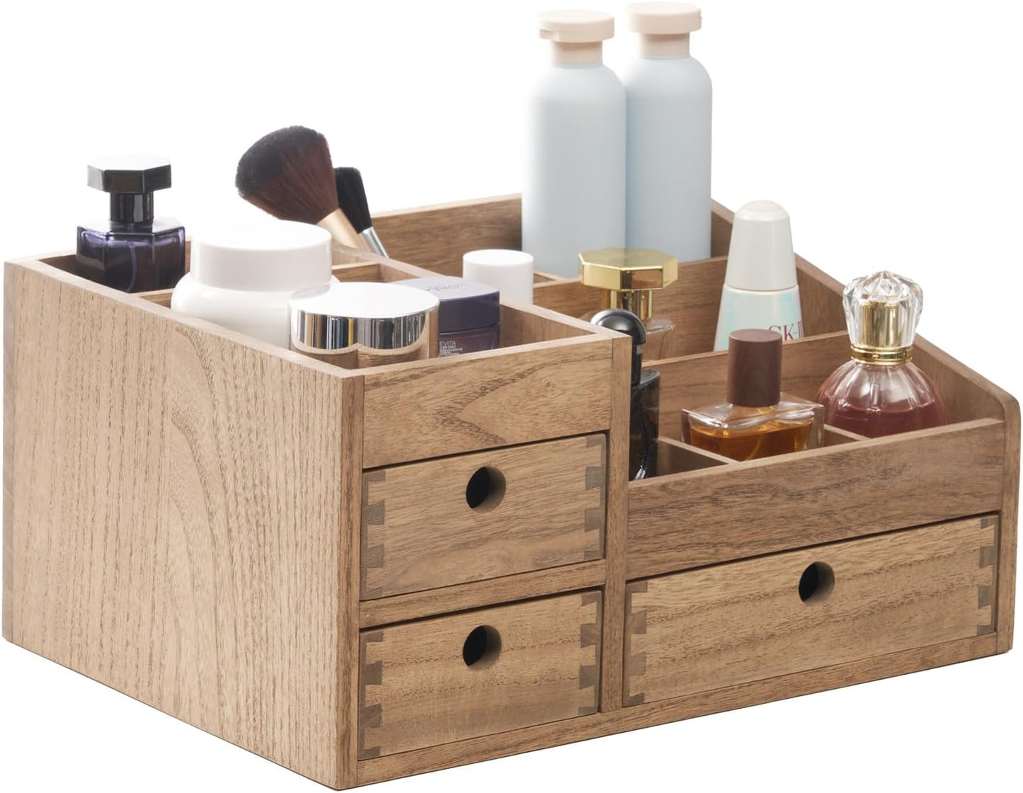 KIRIGEN Wood Makeup Organizer Storage Cabinet Tabletop Cosmetic Organizer Jewelry Storage Box 8 Compartment Makeup Display Case with 3 Drawers Brown(HZG-DBR)