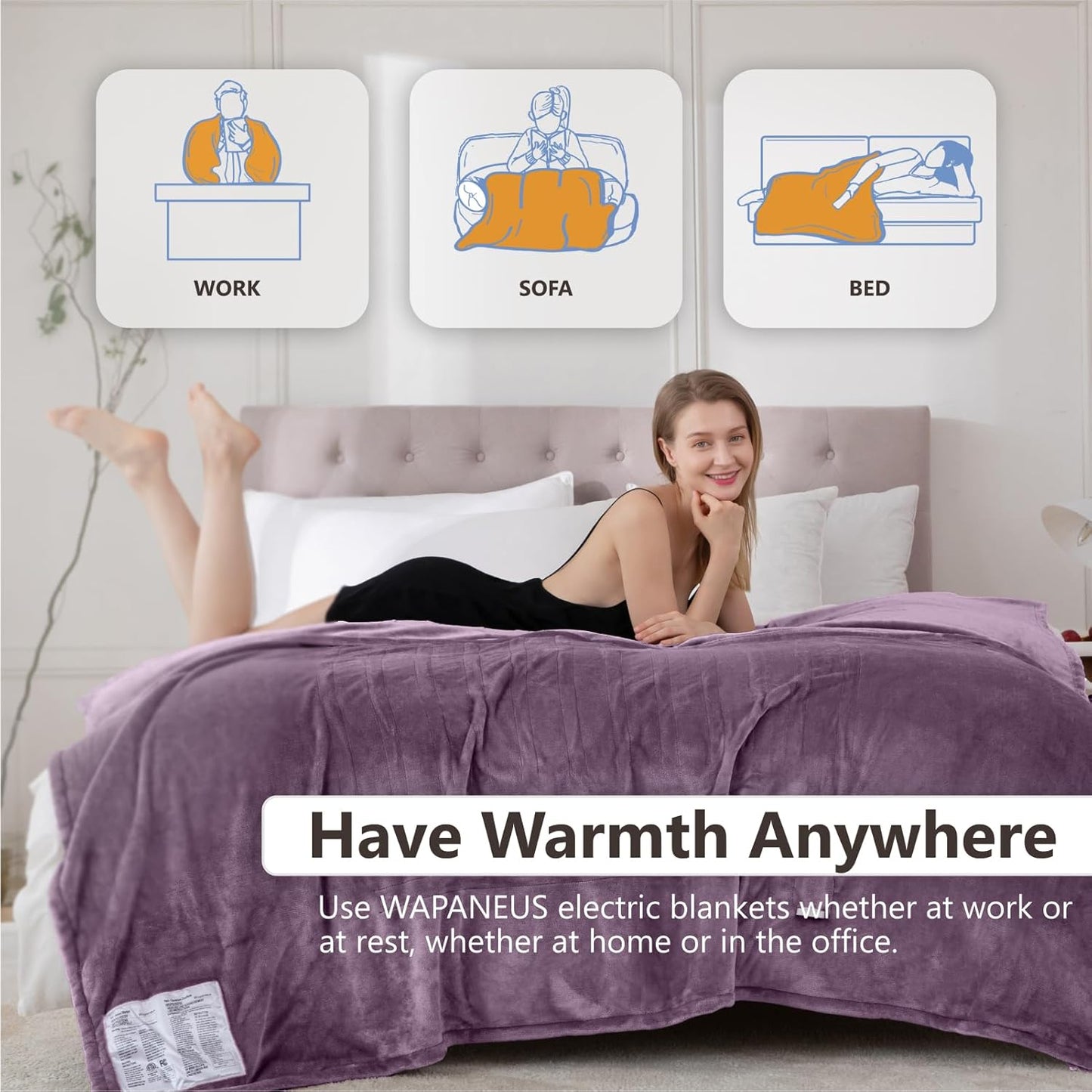 Wapaneus Heated Blanket Electric Full Size 72"x84" with 10 Heating Levels 12 Timer Settings and 8 Hours Auto-Shut Off,Flannel Fast-Heating Electric Blanket,ETL Listed Machine Washable,Purple