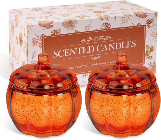 Lanpn Fall Scented Candle Gift Set 2 Pack, 22oz Pumpkin Glass Jar Candles Soy Wax, Thanksgiving Aromatherapy Candle, Autumn Fragrance Table Decor, Orange Votive Candles Holder Tabletop Centerpiece