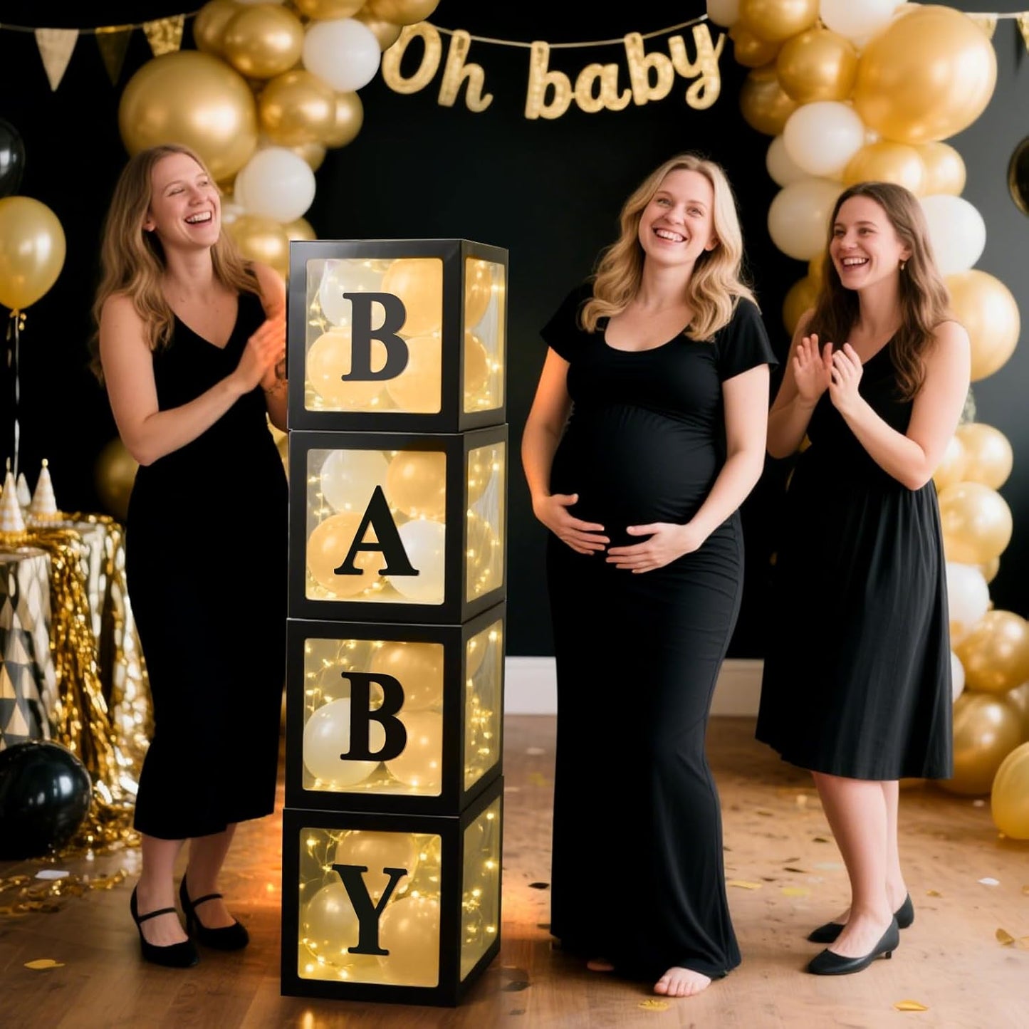 Ledido Baby Boxes with Letters for Baby Shower Decorations, 4 Pcs Transparent Balloon Boxes Blocks with Fairy String Lights, Clear Balloon Boxes for Boy Girl Gender Reveal Party Backdrop (Black)