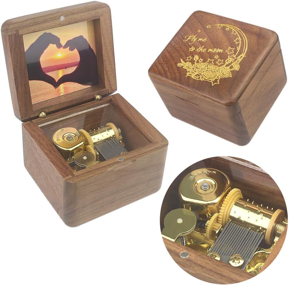 Sinzyo Natural Wooden Music Box with Customizable Photos Wind Up Musical Box Gifts for Christmas,Birthday and Valentine's Day(Character Walnut, Tone:Fly Me to The Moon)