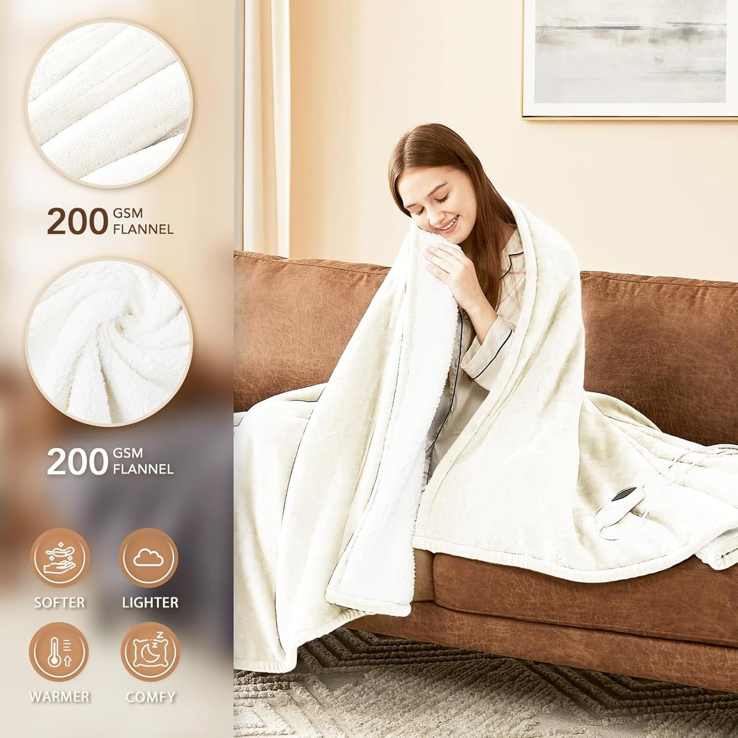 Homemate Electric Heated Blanket Full Size - 72"x84" Heating Blanket Full Size 1/2/4/6/8 Hours Auto-Off 10 Heat Level Over-Heat Protection Flannel Sherpa ETL Certification