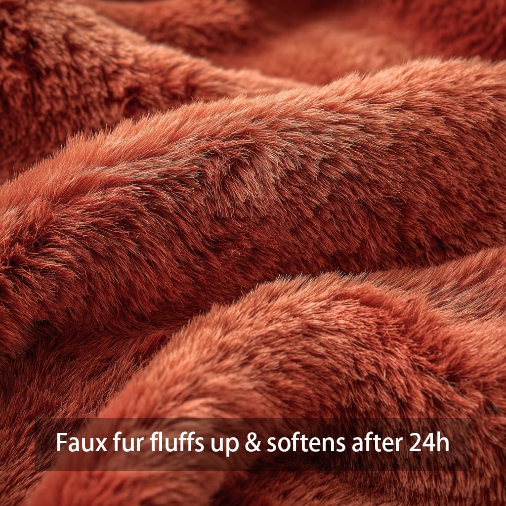 4TH Emotion Fall Pumpkin Decorative Pillow Covers 16x16 Set of 2, Dark Rust Red Soft Plush Faux Fur Wool Farmhouse Throw Cushion Cases for Autumn Thanksgiving Holiday Home Decorations