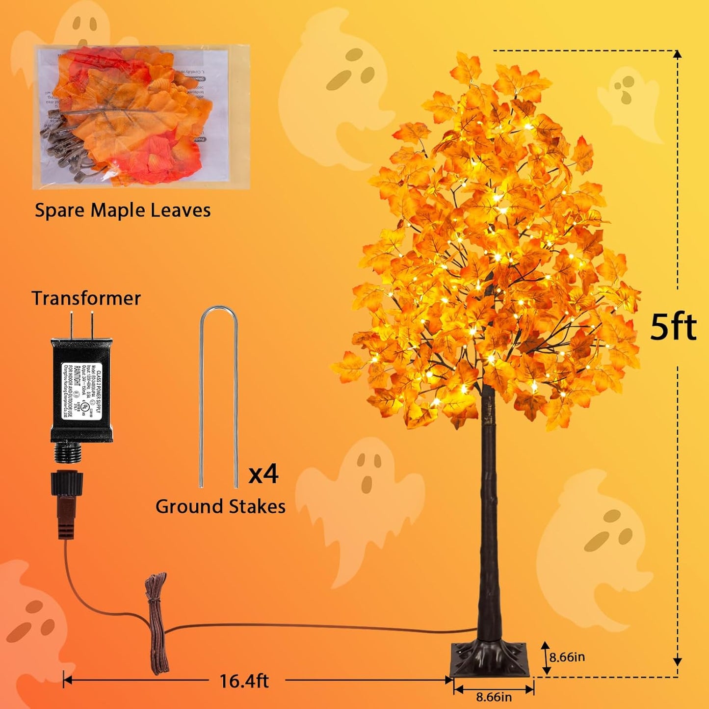 5FT 96LED Artificial Lighted Maple Tree, Fall Tree with Warm White Lights and Maple Leaves for Thanksgiving, Christmas, Autumn Harvest Outdoor Indoor Home Decorations