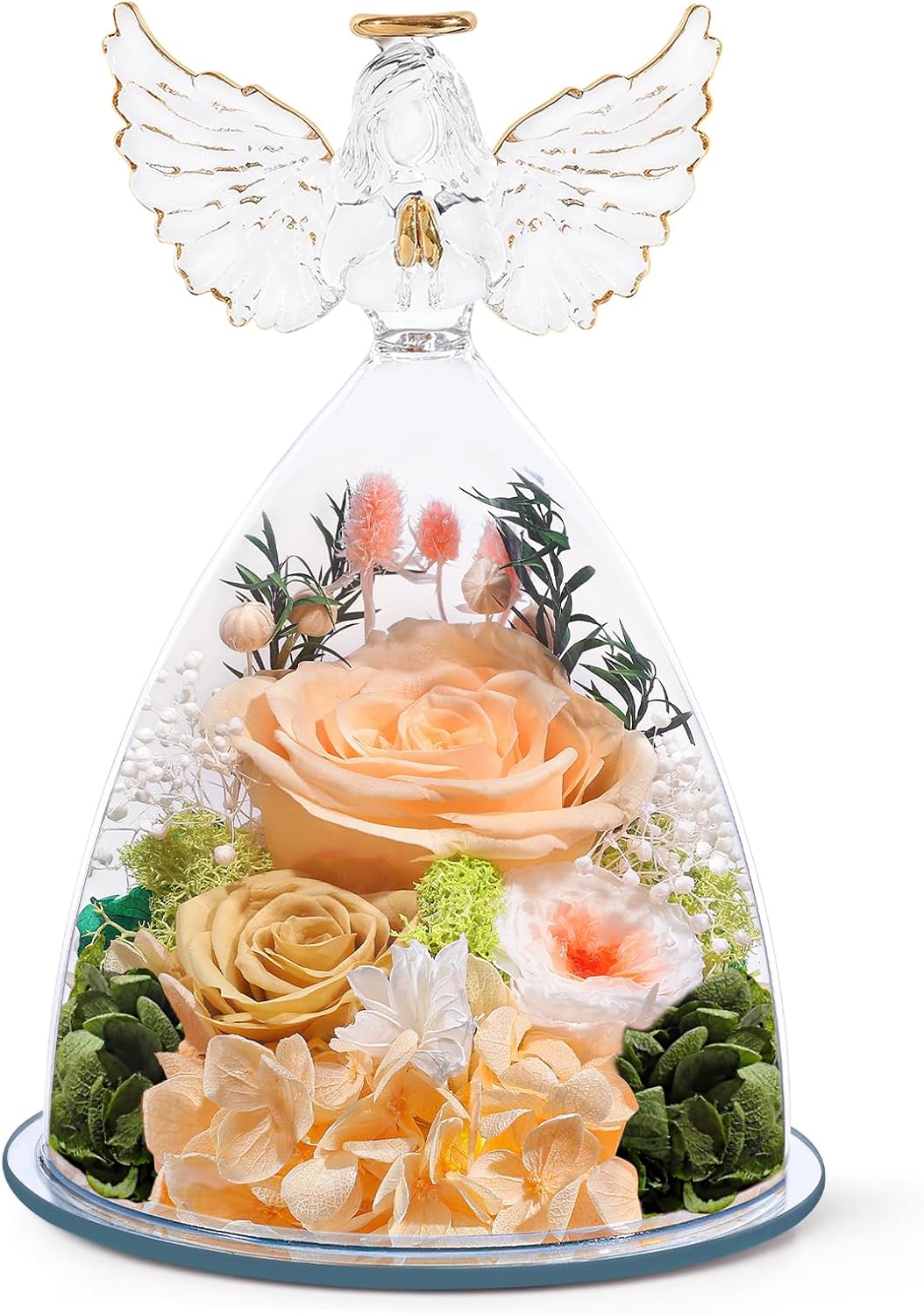 FIACO Preserved Rose Birthday Gifts for Women Forever Fresh Flowers Prime Delivery Gifts for Mom Grandma Wife Anniversary Christmas Valentines Mothers Day Eternal Roses in Glass Angel Figurines