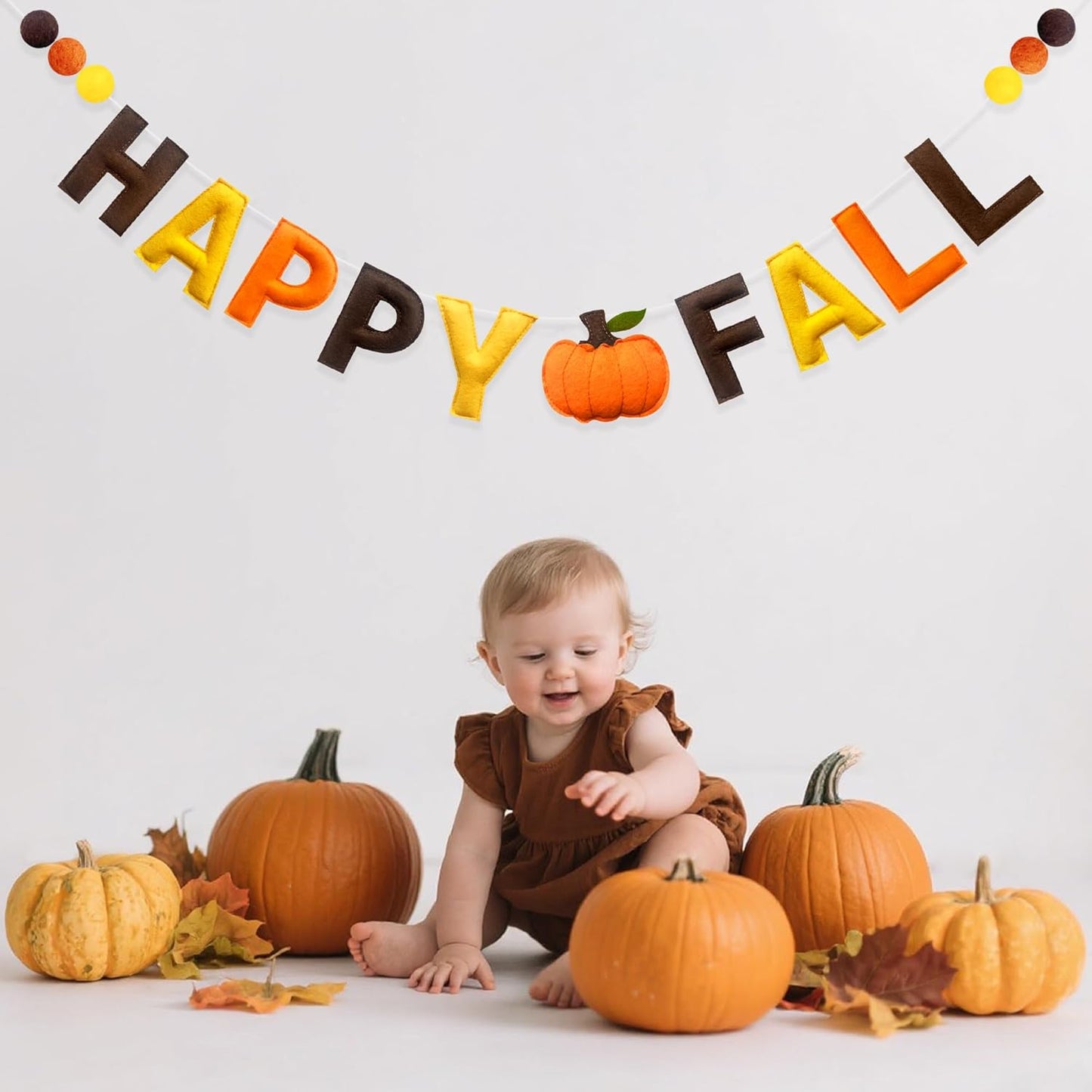 Fall Decorations Pre-Strung Handmade Felt Happy Fall Sign Pumpkin Banner Wool Felt Ball Garland for Autumn Thanksgiving Harvest Nursery Home Wall Decor Birthday Baby Shower Party Decoration Supplies