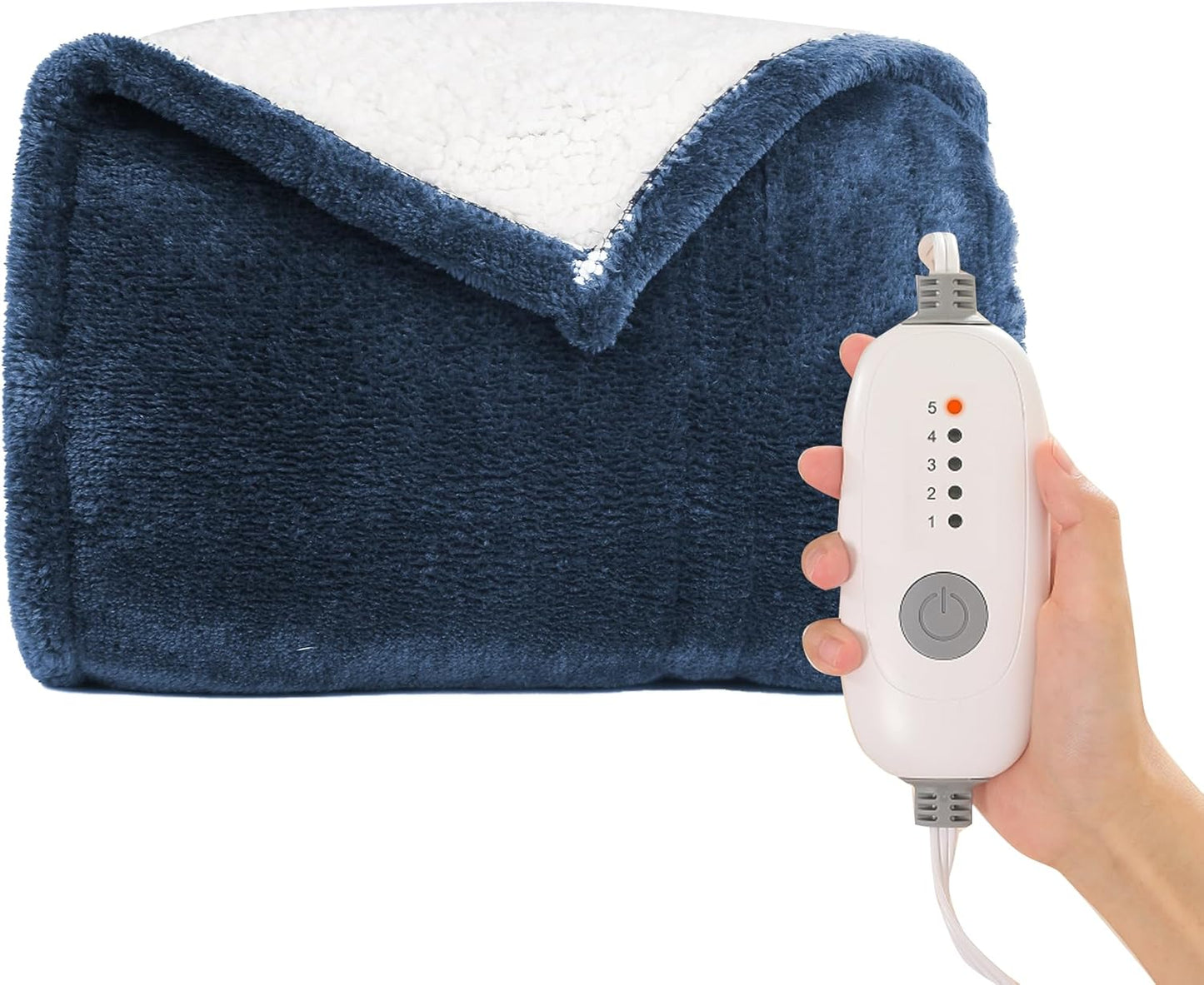 Heated Blanket Electric Throw 50''x60'', 3 Hour Auto Shut-Off 5 Heating Levels Small Warm Soft Flannel Electric Blanket Machine Washable - Navy Blue