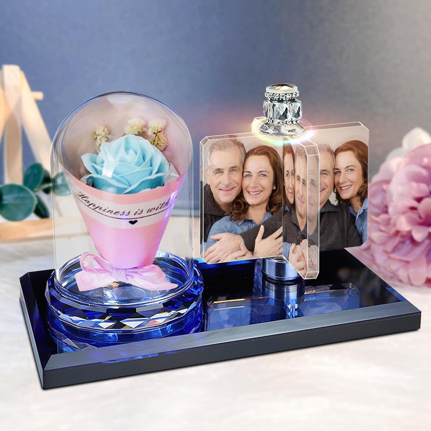 Custom photo light LED rose flower crystal rectangular photo frame personality light 3D crystal photo frame Christmas gift,BLUE