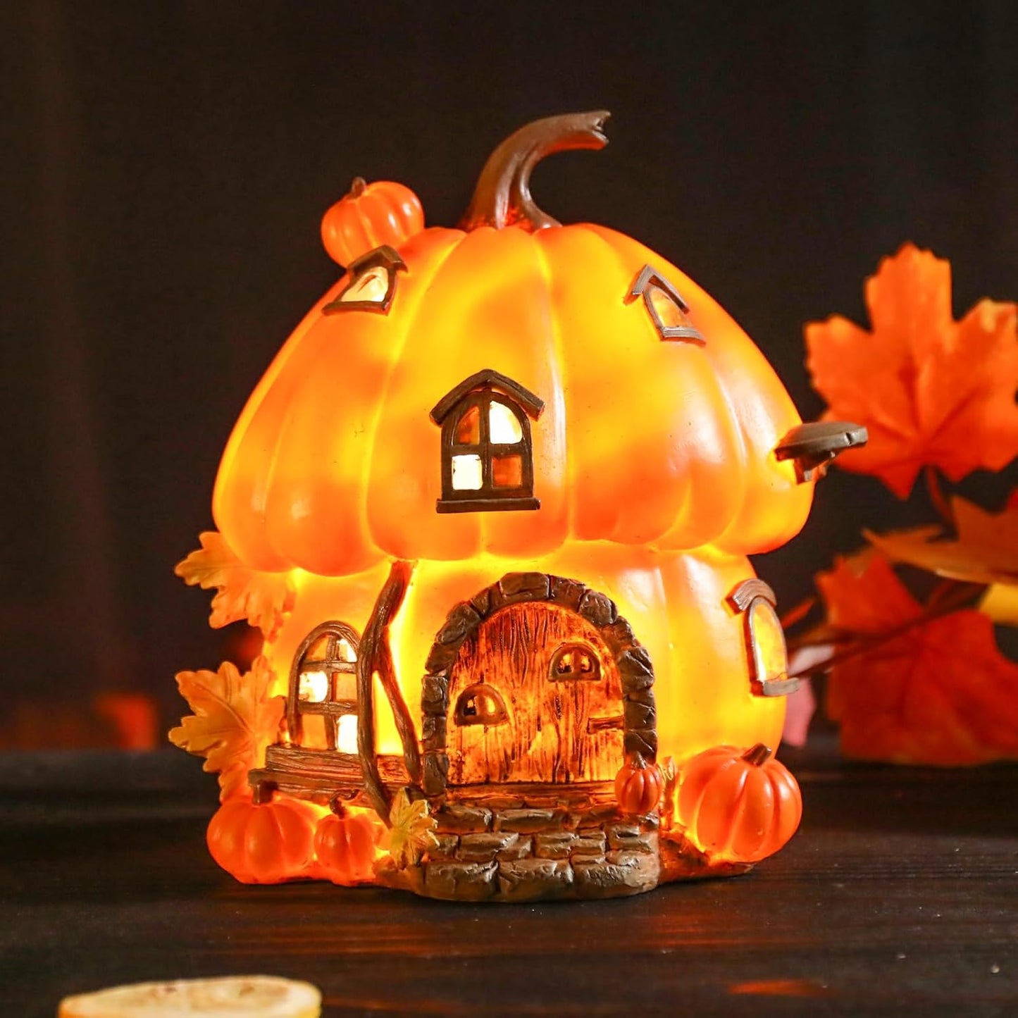 Bdor Fall Pumpkin House Decor with LED Light – 7.5"x6.7"x7.9" Harvest Pumpkin Figurine – Autumn Tabletop Decoration for Thanksgiving, Halloween, Indoor Outdoor Use