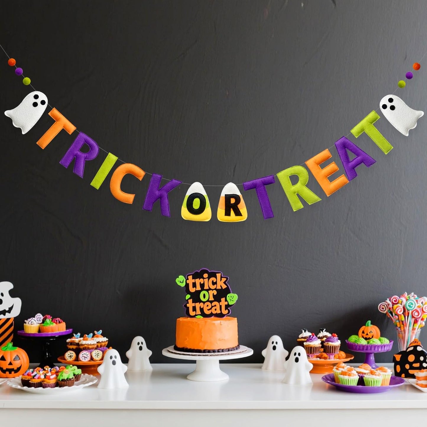 Halloween Decorations Pre-Strung Felt Trick or Treat Sign Ghost Candy Corn Banner Wool Felt Ball Garland for Halloween Ghost Home Nursery Wall Decor Birthday Baby Shower Party Decorations Supplies