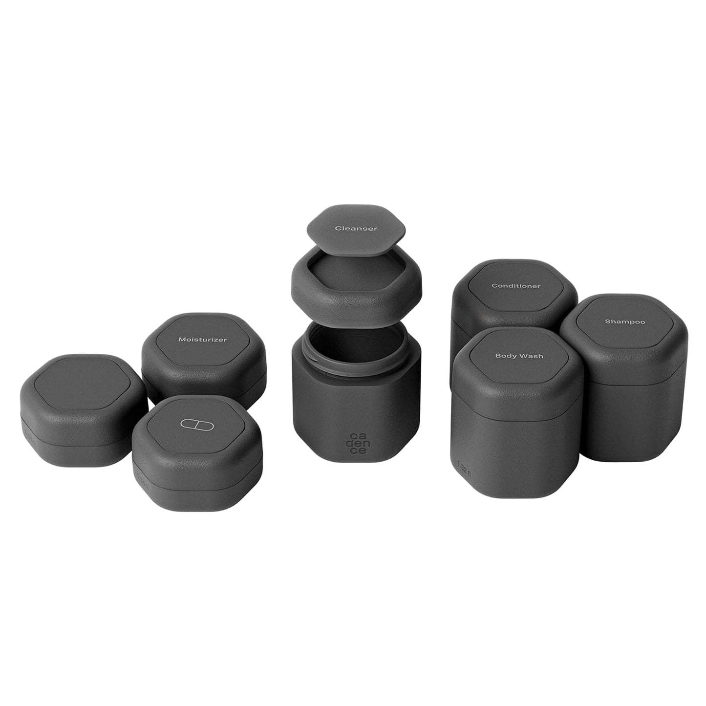 Cadence Travel Containers - Daily Routine Capsule Set - Magnetic Containers with Lids,4 Flex Mediums (1.32oz) & 3 Flex Smalls (0.56oz) - Shampoo, Conditioner, Body Wash, Pills, & More - Charcoal