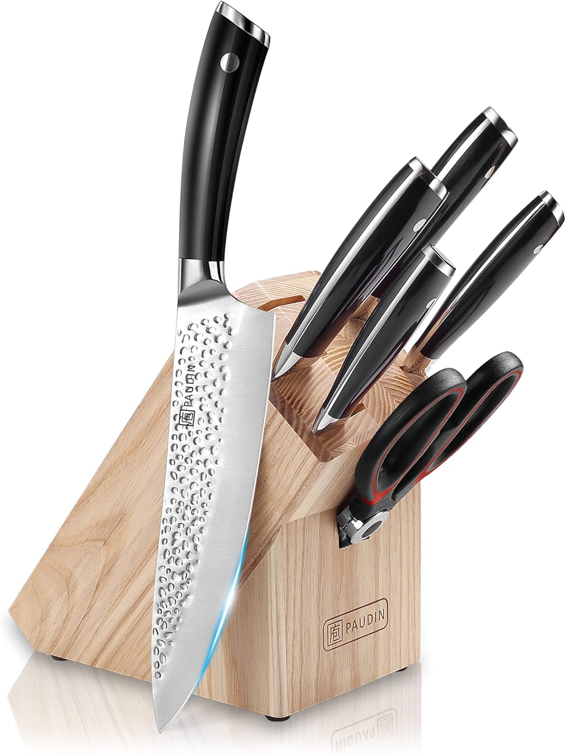 PAUDIN Knife Set with Block, 7-Pieces Knife Sets for Kitchen with Block, Razor-Sharp Chef Knife Set with Kitchen Scissor, High Carbon Stainless Steel Kitchen Knife Set with Full Tang Handle