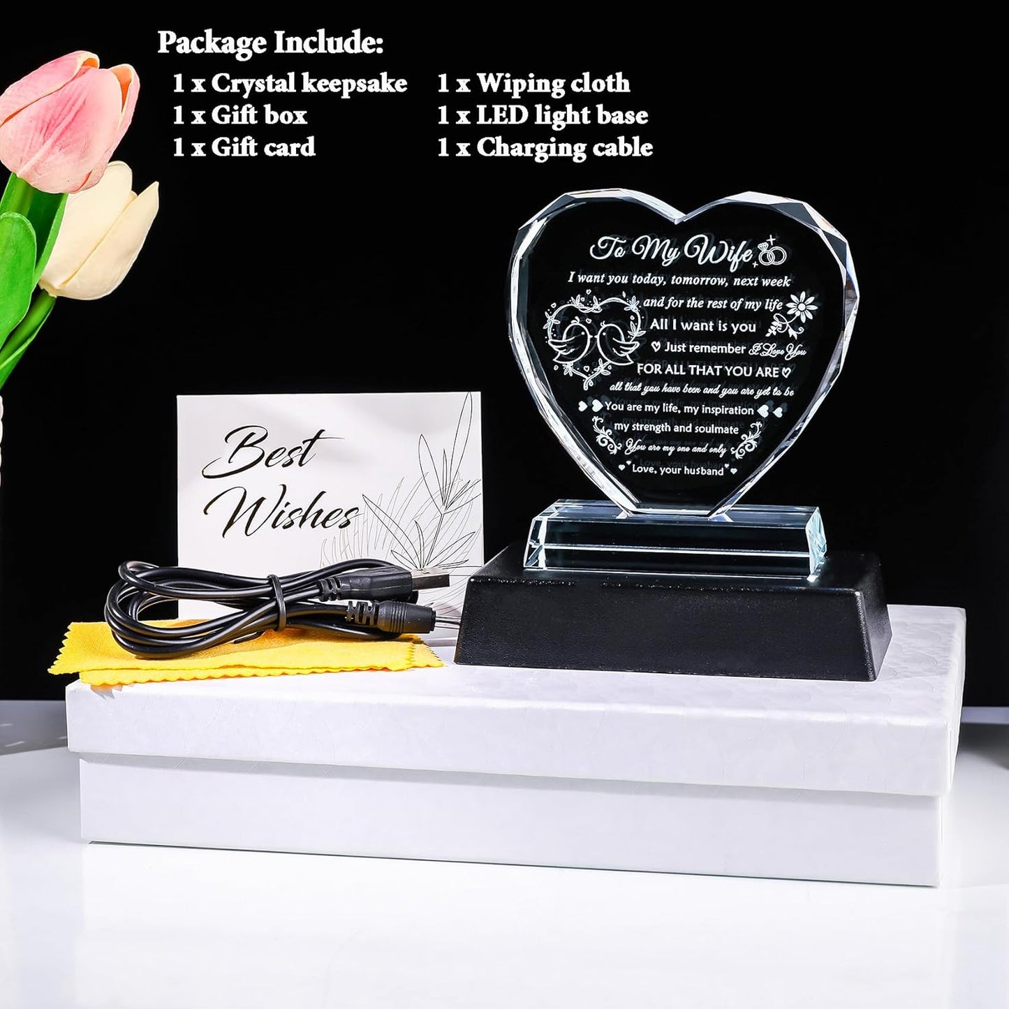 YWHL Gifts for Wife from Husband Birthday Gifts for Wife Crystal Keepsake Anniversary Present with Colorful LED Base Romantic I Love You Gift for Her on Valentines Mothers Day Christmas