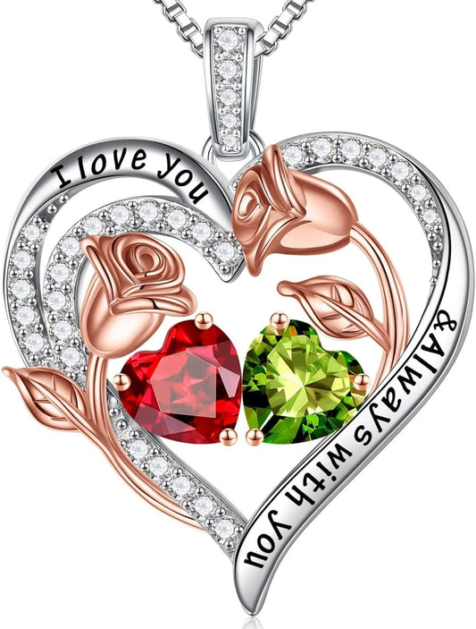 Iefil Birthstone Necklace for Women - 925 Sterling Silver Rose Heart Birthstone Necklace Birthday Anniversary Jewelry Gifts for Her Wife Mom Daughter