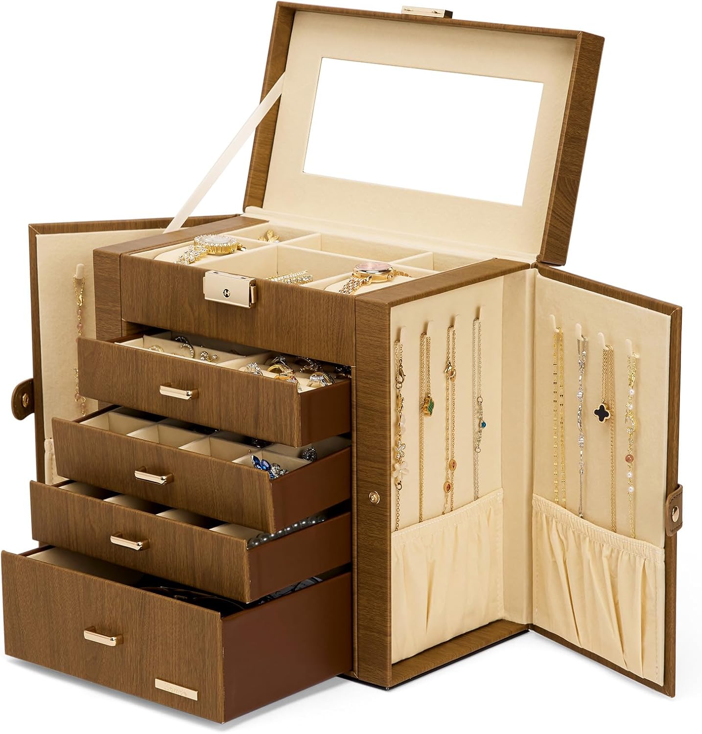 Homde Synthetic Leather Huge Jewelry Box Mirrored Watch Organizer Necklace Ring Earring Storage Lockable Gift Case (Brown + Gold)
