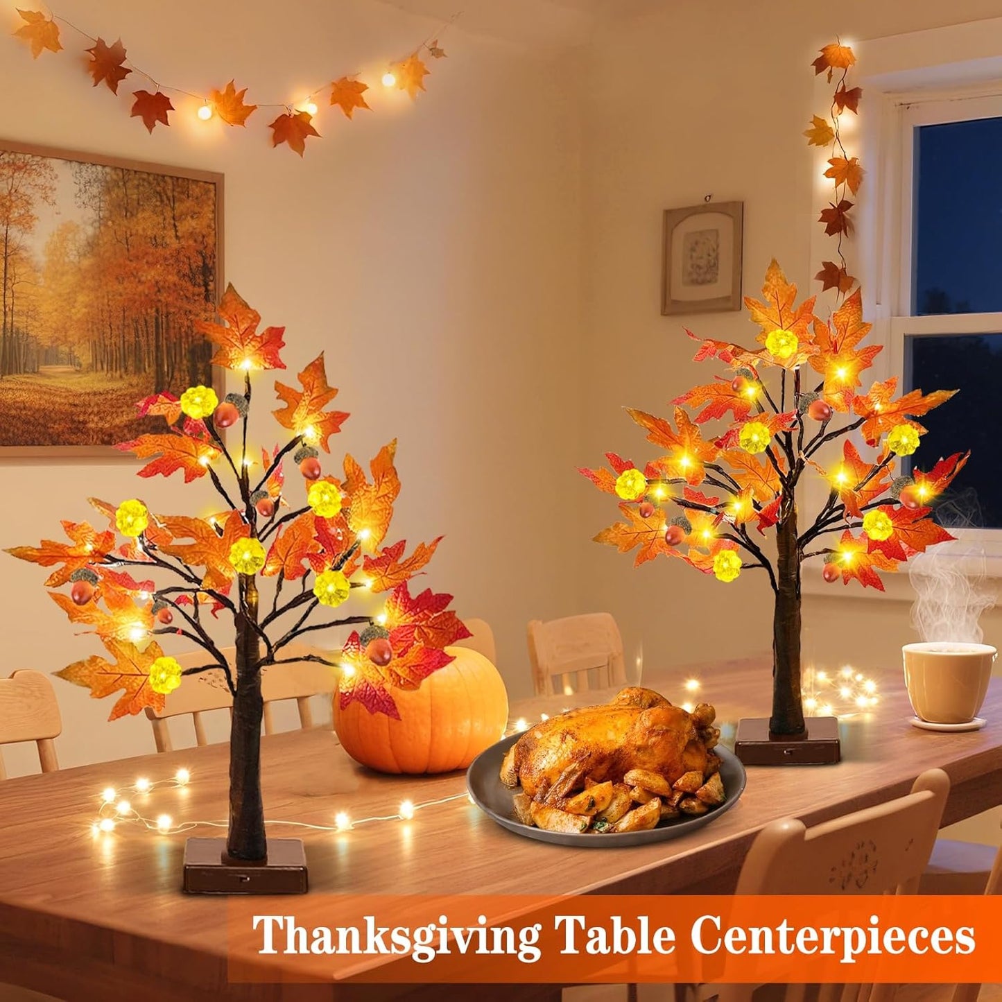 TURNMEON Fall Decor 2 Pack 24 Inch Prelit Fall Maple Tree Thanksgiving Fall Decorations for Home with 48 LEDs Timer Battery Operated Pumpkin Lights 6 Acorn Tabletop Halloween Decorations Indoor Autumn