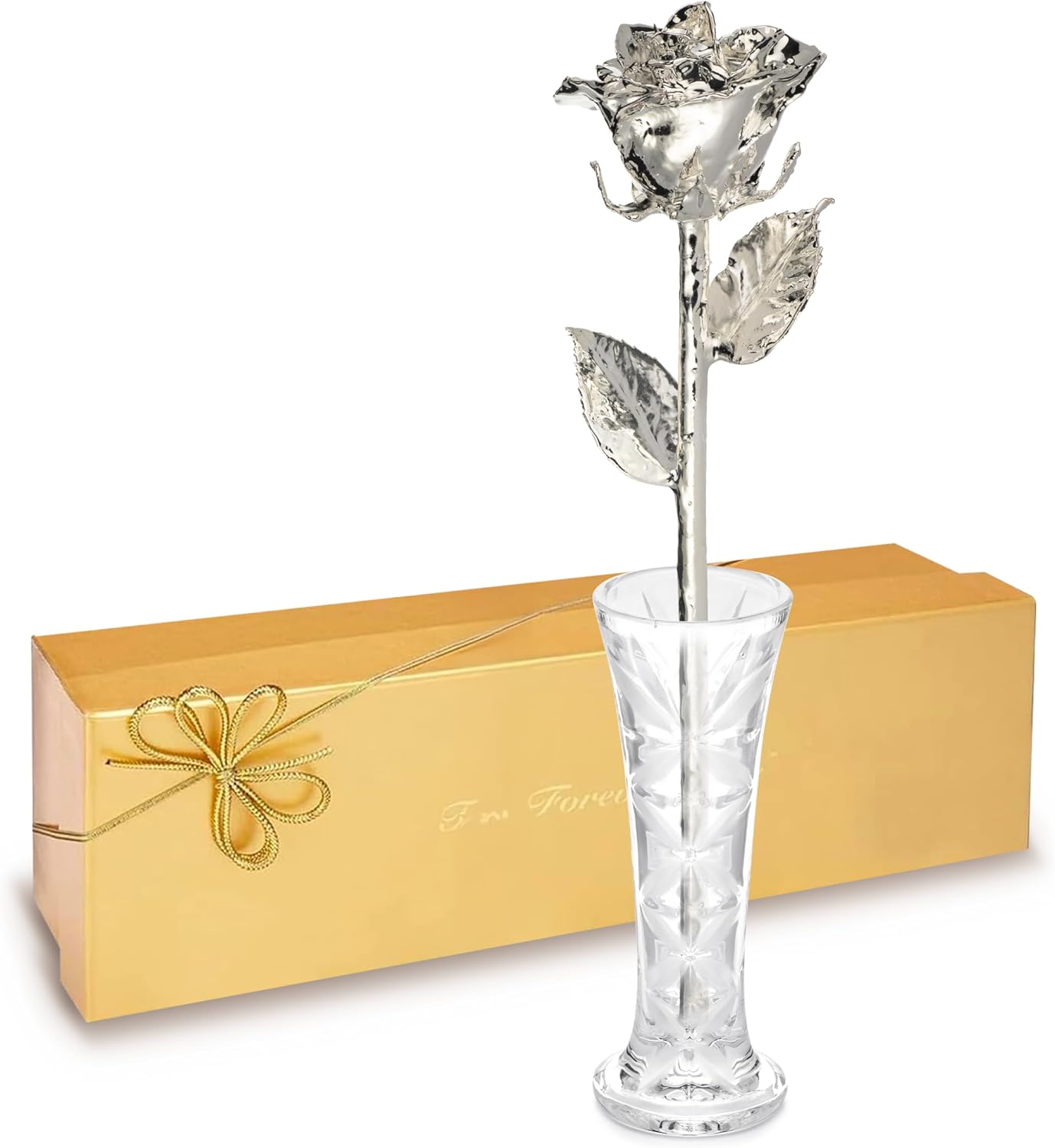 Forever Rose Real Rose Dipped in Silver, Handcrafted Preserved Rose in Clear Glass Bud Vase and Luxury Gold Gift Box, Romantic Gift for Her, Elegant Keepsake for Anniversary, Birthday, or Any Occasion