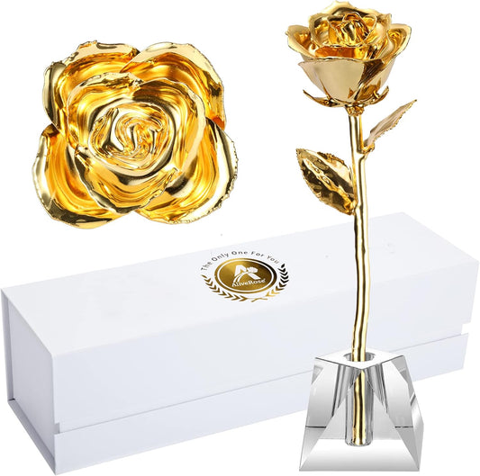 Deluxe Golden Rose, Gold Dipped Rose Made from Real Rose Gift for Her on Wedding Anniversary Valentines Mothers Day (Deluxe Golden with Crystal Vase)