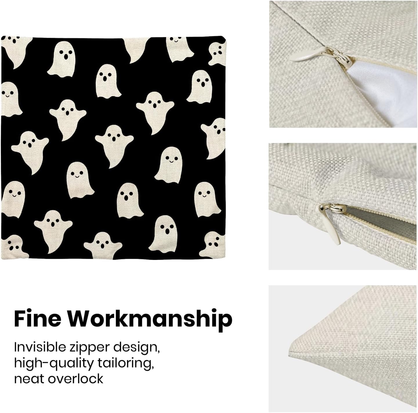 Halloween Decor 24x24 Set Of 2 Black Cute Ghost Throw Pillow Covers - Decorative Linen Cushion Case For Home Sofa & Outdoor Decor