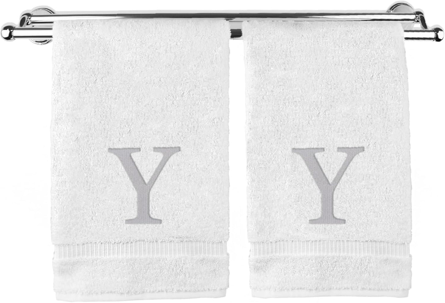 Monogrammed Hand Towel, Personalized Gift, Set of 2- Silver Block Letter Embroidered Towel - Extra Absorbent 100% Turkish Cotton - Soft Terry Finish - Initial Y White