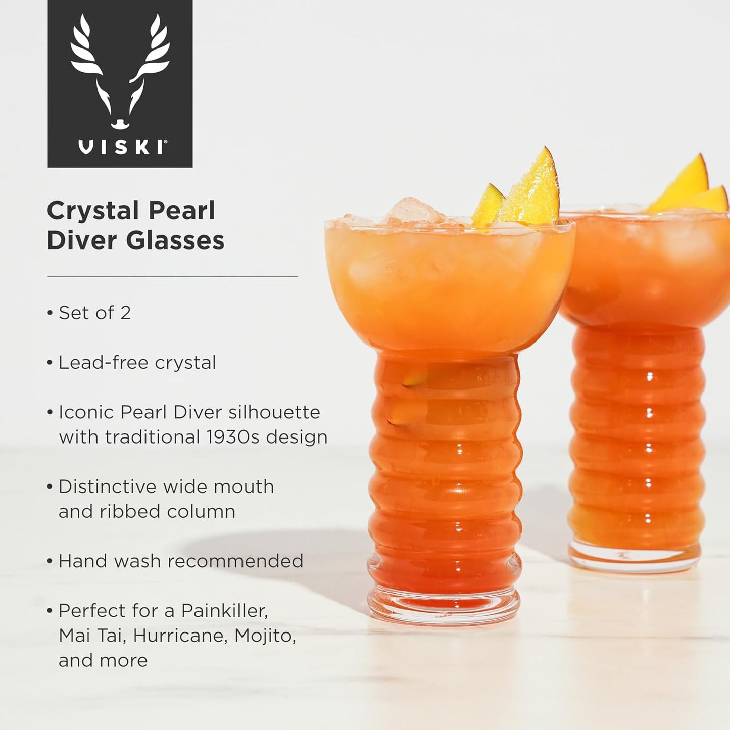 Viski Pacific Crystal Pearl Diver Tropical Tiki Tumbler Set of 2 - Premium Crystal Clear Glass, Stylish Tiki Glasses for Cocktails Gift Set, 12 oz